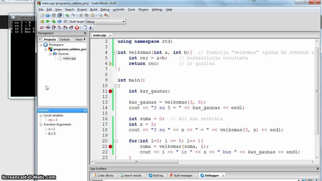 C++ programos veiksmų sekimas 2 – sumos skaiciavimas