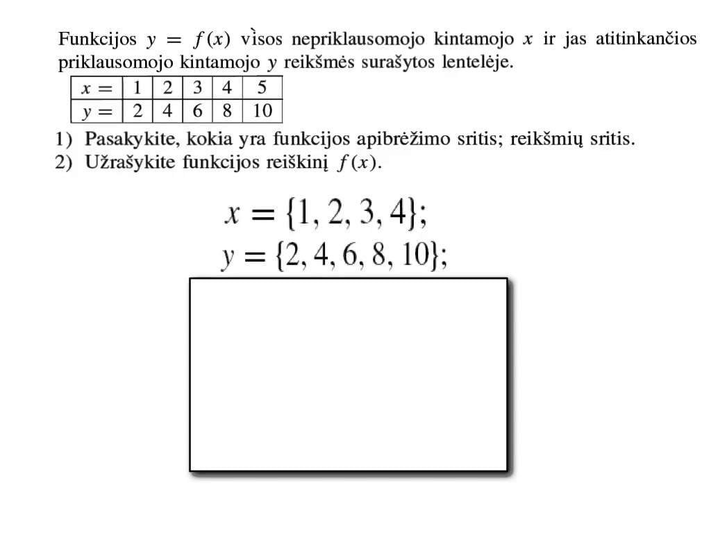 Dviejų dydžių funkcinė priklausomybė. Pavyzdys, kai funkcija išreikšta lentele.